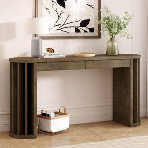 Modern Oval Console Table with Oak Veneer and Fan-Shaped Legs,MDF Entryway Table with 2 Drawers for Living Room or Hallway-Cuddlewood - 1 of 4