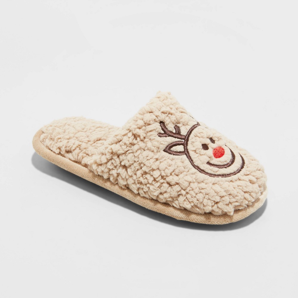 Kids' Holiday Reindeer Happy Face Scuff Slippers - Wondershop™ Brown 4-5