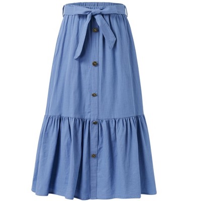 Girl's Button Midi Skirts Casual High Elastic Waist A Line Pleated Midi Chiffon Pink Skirts with Pockets