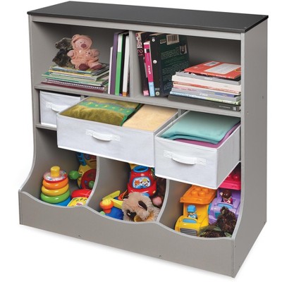 Versatile Gray Woodgrain Storage Unit with Baskets for Kids