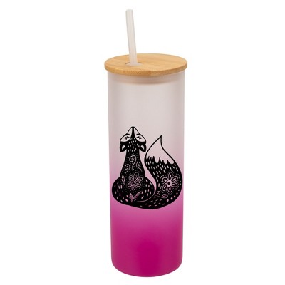 Elanze Designs Sly Stunning Forest Fox Pink Frosted Gradient Glass Tumbler with Bamboo Lid & Straw 25 ounce Reusable Iced Coffee or Water Cup,