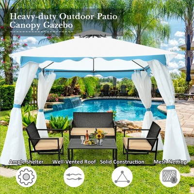 White and Blue 10' x 10' Patio Gazebo Canopy Tent with Curtains