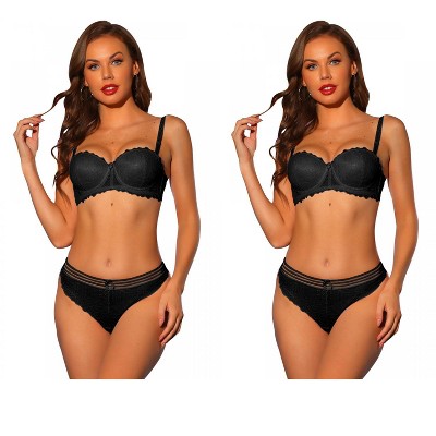 Allegra K Women's Lace Balconette Underwire Bras Padded Bra and Panty Set 2 Packs