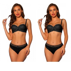 Allegra K Women's Lace Balconette Underwire Bras Padded Bra and Panty Set 2 Packs - 1 of 4