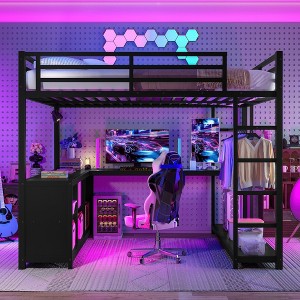 Racxily Metal Loft Bed with Wardrobe and L-shaped Desk, Queen Size Loft Bed with Storage Cubes and Shelves, Loft Bed for Kids Teens Adults - 1 of 4