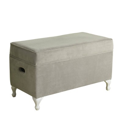 Velvet Upholstered Wooden Storage Bench with Cabriole Legs Gray/White - Benzara