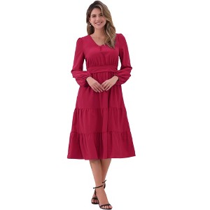 INSPIRE CHIC Women's V Neck Lantern Sleeve Ruffle Flowy A-Line Elegant Midi Dress - 1 of 4