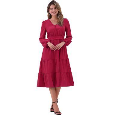 INSPIRE CHIC Women's V Neck Lantern Sleeve Ruffle Flowy A-Line Elegant Midi Dress Dark Red Small