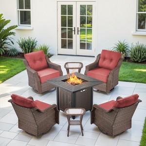 Buenhomino 7-Piece Small Patio Furniture Set, Outdoor Swivel Rocking Chairs Set with 50,000 BTU Fire Pit Table Wicker Chairs - 1 of 4