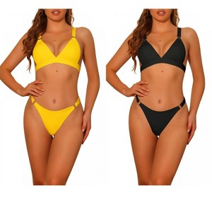Elerevyo Women's Adjustable Wide Straps Back Clasp Ribbed Basic Beach Ring Triangle Swimwear Bathing Suits 2 Sets - 1 of 4