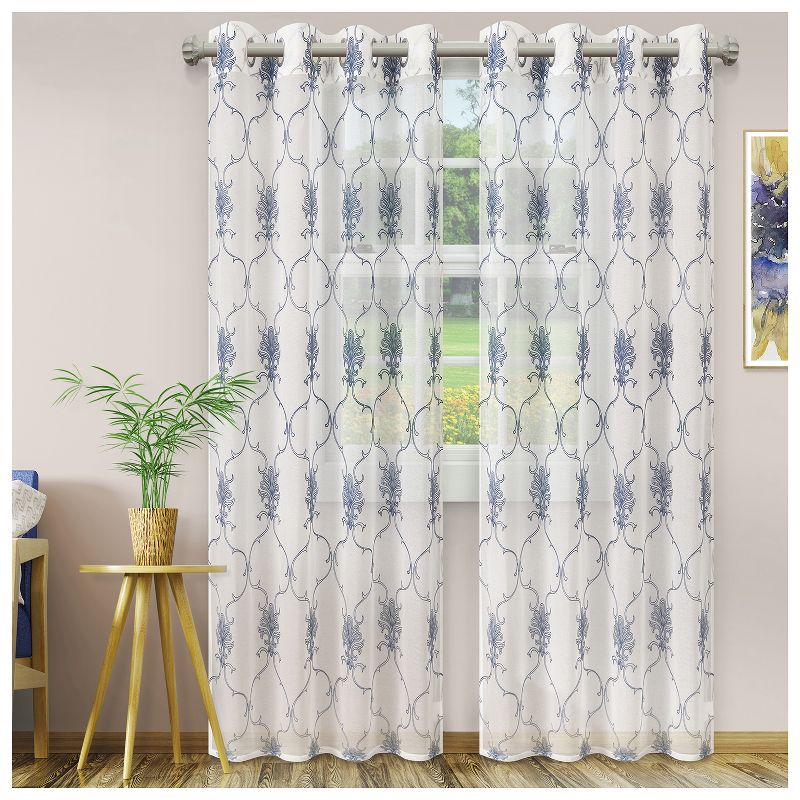Embroidered Lightweight Sheer Scroll 2-Piece Curtain Panel Set with Stainless Grommet Header - Blue Nile Mills, 1 of 5