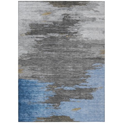 Denim Blue And Gray Abstract Washable Indoor Outdoor Area Rug