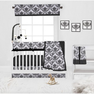 Bacati - Classic Damask Black/Grey/White 10 pc Crib Bedding Set with Long Rail Guard Cover