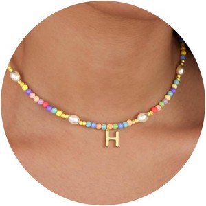 Girls' Initial Necklace - Colorful Beaded Choker, 14K Gold Plated Personalized Gift - 1 of 4
