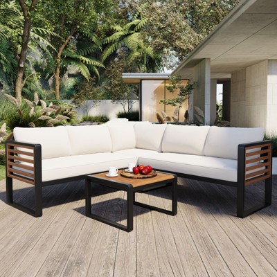 VisioGear 4 Pieces Outdoor Patio Conservation Set, L-shaped Sofa with Soft Cushion and a Coffee Table for Garden, Backyard, Beige, 23.6"*23.6"*16.3"