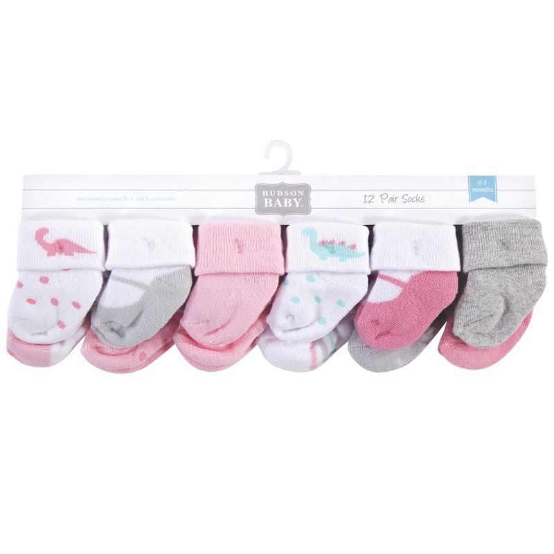 Hudson Baby Infant Girl Cotton Rich Newborn and Terry Socks, Girl Dino, 0-3 Months, 3 of 4