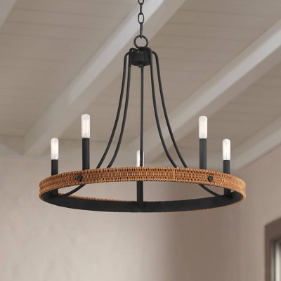 Black Metal and Woven Wood 6-Light Chandelier