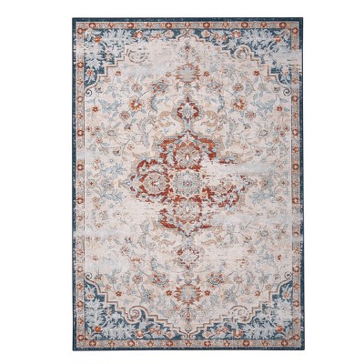 Vintage Distressed Rug Bohemian Floral Medallion Area Rug, Non-Slip Low Pile, Red/Beige