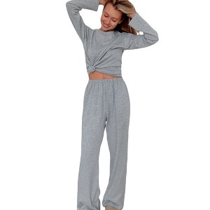 Anna-Kaci Lounge Women's Long Sleeve Relaxed Top and Wide Leg Pants Two-Piece Loungewear Set - 1 of 4