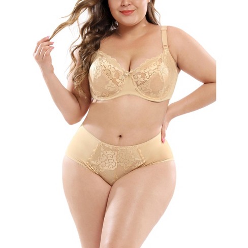 Agnes Orinda Women's Plus Size Underwire Lace Push-Up Adjustable Straps Bra  and Panty Set Beige 44E