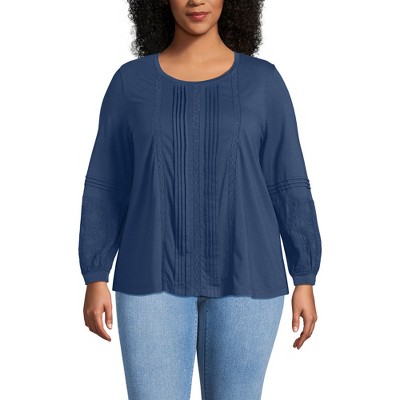 Lands' End Women's Lightweight Jersey Lace Mix Long Sleeve Pintuck Top