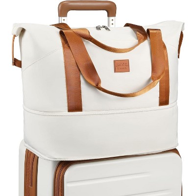 LUGGEX Travel Bags for Woman, Expandable Weekender Carry On Bag, Overnight Tote Bag with Toiletry Bag, White Brown