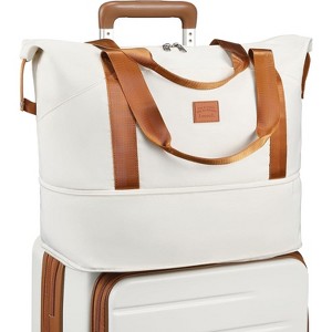 LUGGEX Travel Bags for Woman, Expandable Weekender Carry On Bag, Overnight Tote Bag with Toiletry Bag, White Brown - 1 of 4