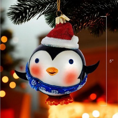 Roly Poly Penguin Glass Christmas Ornament with Santa Hat