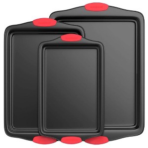 NutriChef Kitchen Oven Non Stick Gray Coating Carbon Steel 3 Piece Cookie Sheets Bakeware Set with Heat Resistant Red Silicone Handles (2 Pack) - 1 of 4