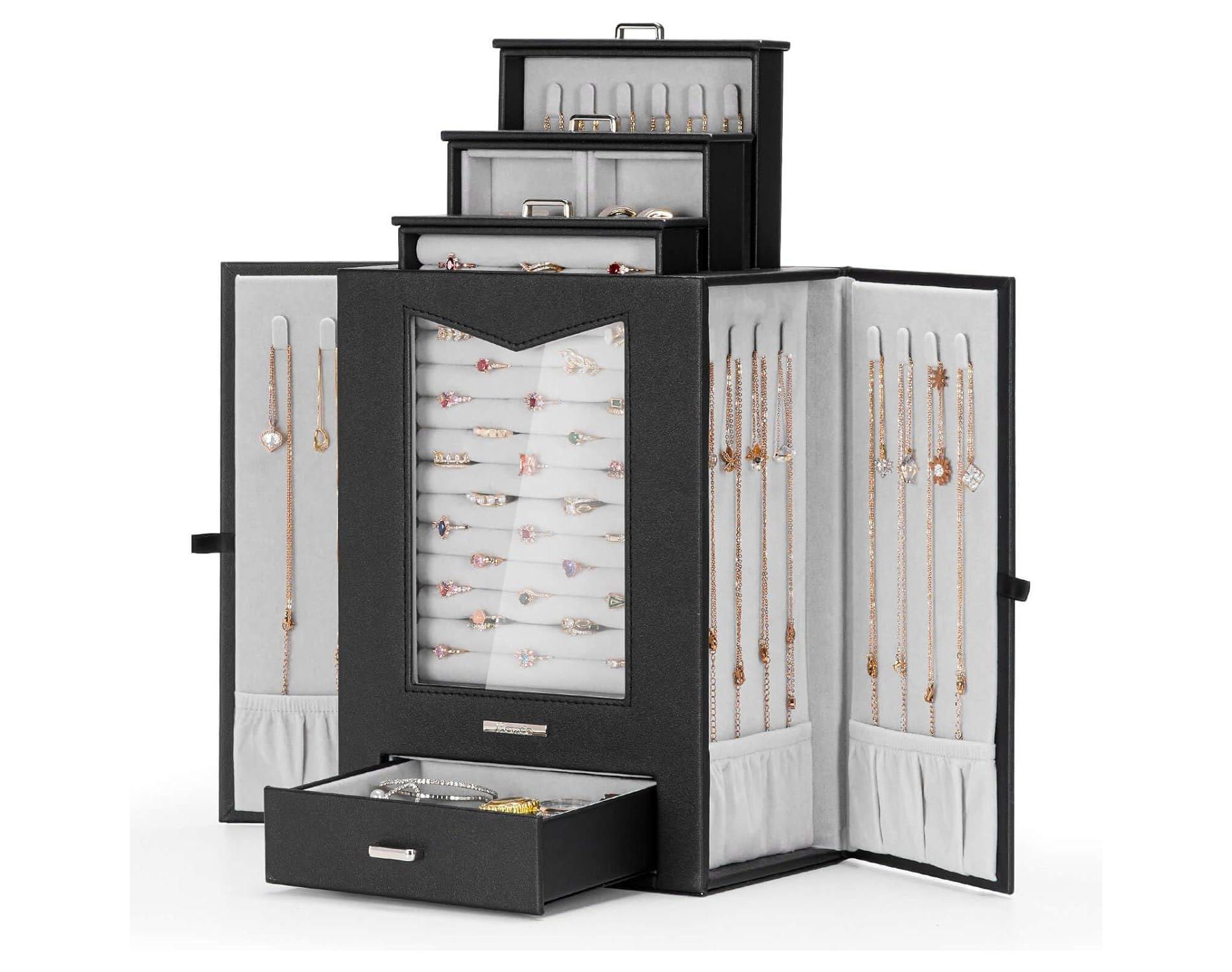 Jewelry Organizer with Transparent Window & Necklace Hooks, Display Case for Necklaces, Rings & Earrings, White