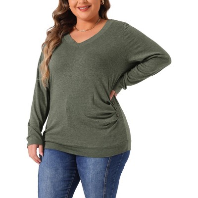Agnes Orinda Women's Plus Size Knitted Buttons Decor Ruched Waist Long Sleeve V Neck T-shirts