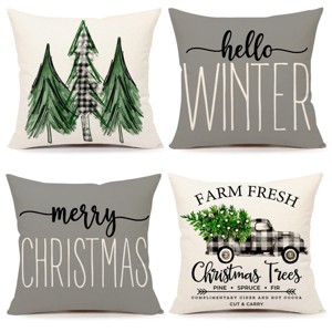 Gray Christmas Pillow Covers 18x18 Set of 4 Farmhouse Xmas Decorations Merry Christmas Tree Truck Hello Winter - 1 of 2