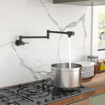 Yukimo Pot Filler Faucet - Wall Mount Kitchen Sink Faucet Folding Stretchable with Single Hole Two Handles, Matte Black