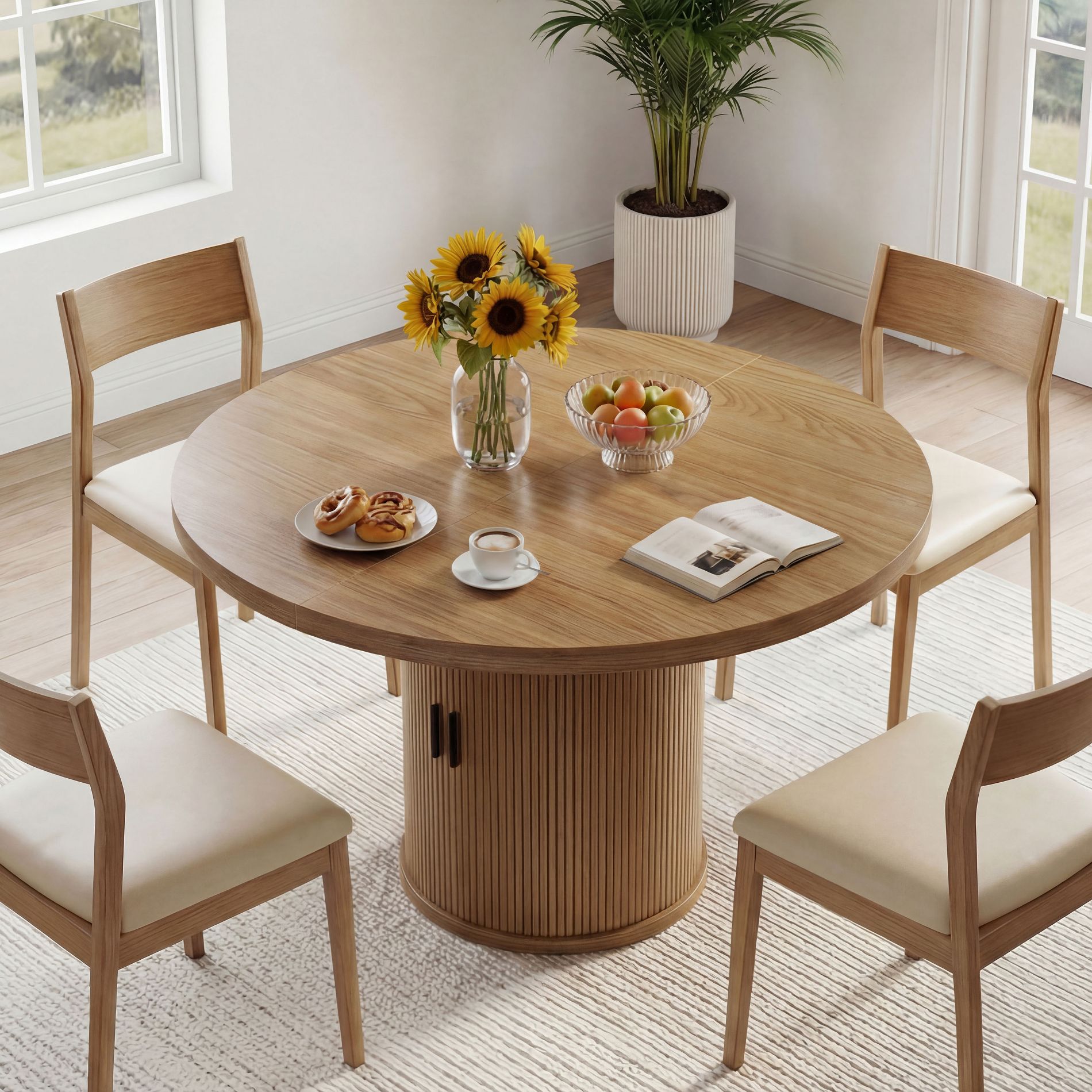 Dyonery 35.5" Round Pedestal Dining Table, with Storage Shelf, Wood Base Dinner Tables for Kitchen, Breakfast Nook, Small Space, Walnut