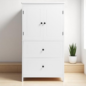 Bathroom Storage Cabinet with 2 Doors and 2 Drawers, Freestanding MDF Cabinet with Adjustable Shelf, Anti-Tip Device - 1 of 4