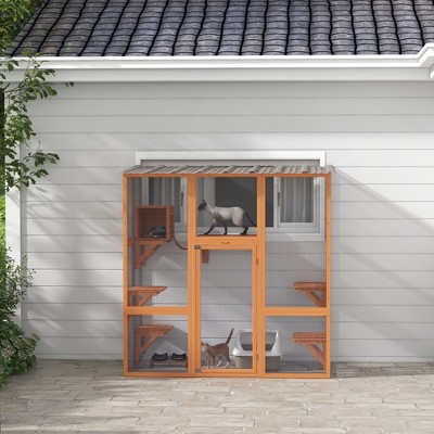 Large Outdoor Wooden Cat House with Platforms and Bridge