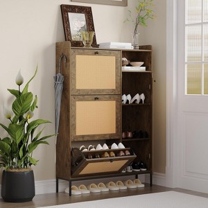 Acekool 3-Tier Shoe Cabinet with Natural Rattan Flip Drawers, Adjustable Shelves & Open Storage, Entryway Organizer in Multiple Finish - 1 of 4