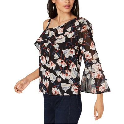 I.N.C International Concepts Womens Asymmetric Floral One Shoulder Blouse, Black, PL