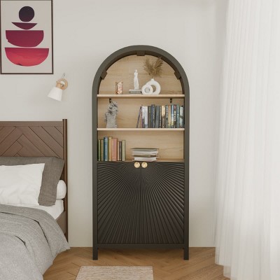 Tall Arched Bookcase with Storage, Mid-Century Modern 5-Tier Bookshelf with Door, Accent Display Cabinet for Living Room Office-The Pop Home