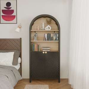 Tall Arched Bookcase with Storage, Mid-Century Modern 5-Tier Bookshelf with Door, Accent Display Cabinet for Living Room Office-The Pop Home - 1 of 4