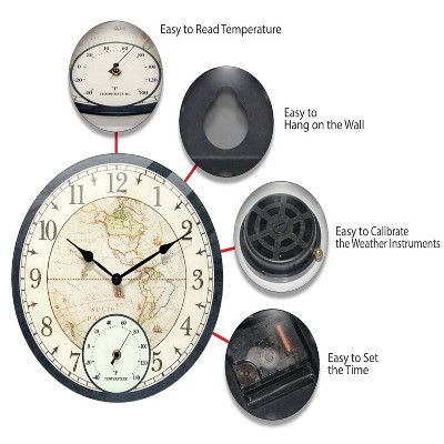 Black Vintage-Style World Map 14" Indoor/Outdoor Wall Clock