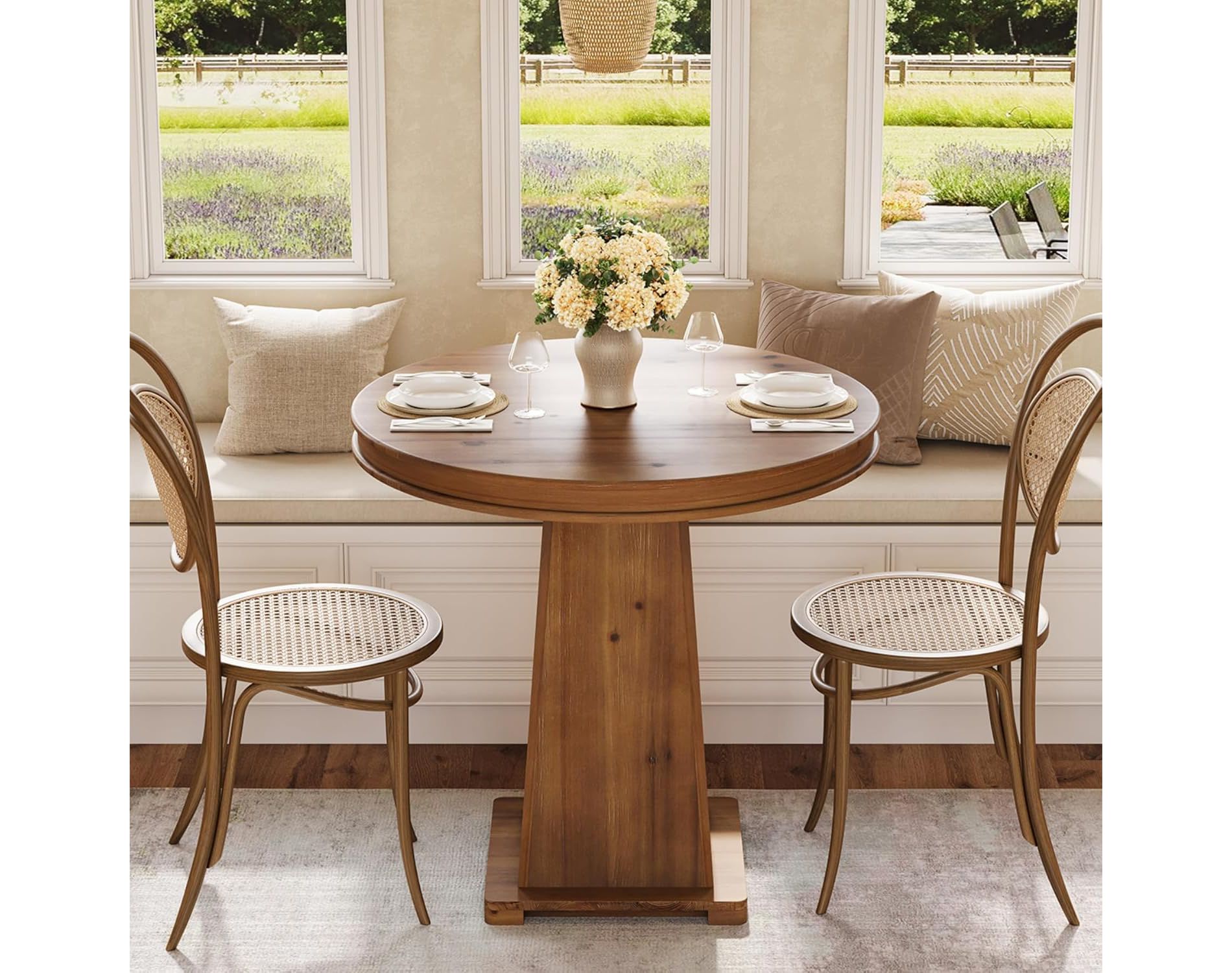 Lantine Solid Wood Round Dining Table, 31.5" Small Kitchen Table for 2, Modern Farmhouse Dinner Table for Dining Room, Kitchen, Living Room, Brown