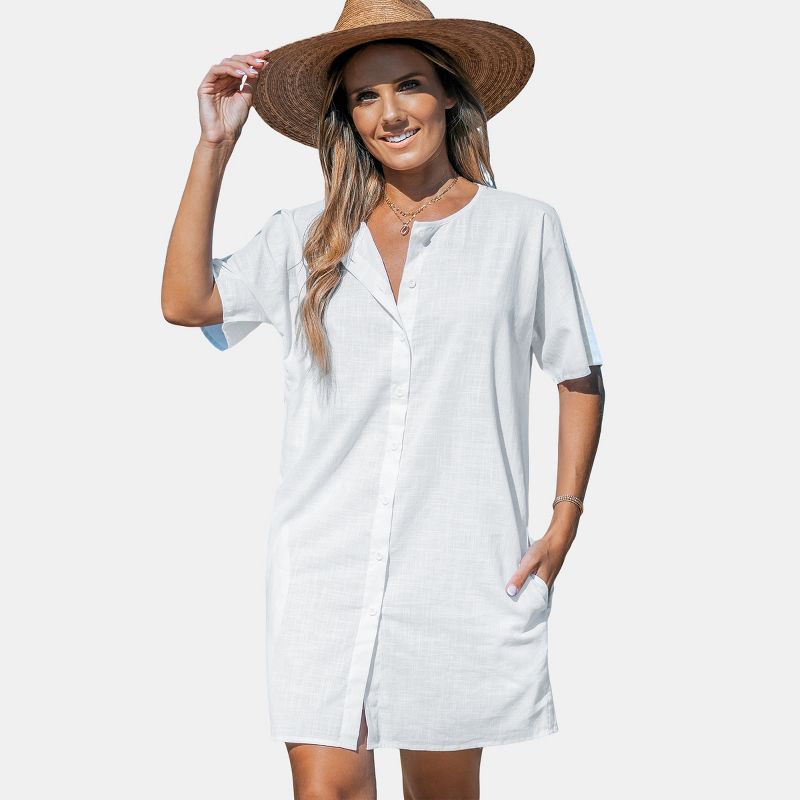 Women's Button-Up Short Sleeve Cover-Up Dress - Cupshe, 1 of 7