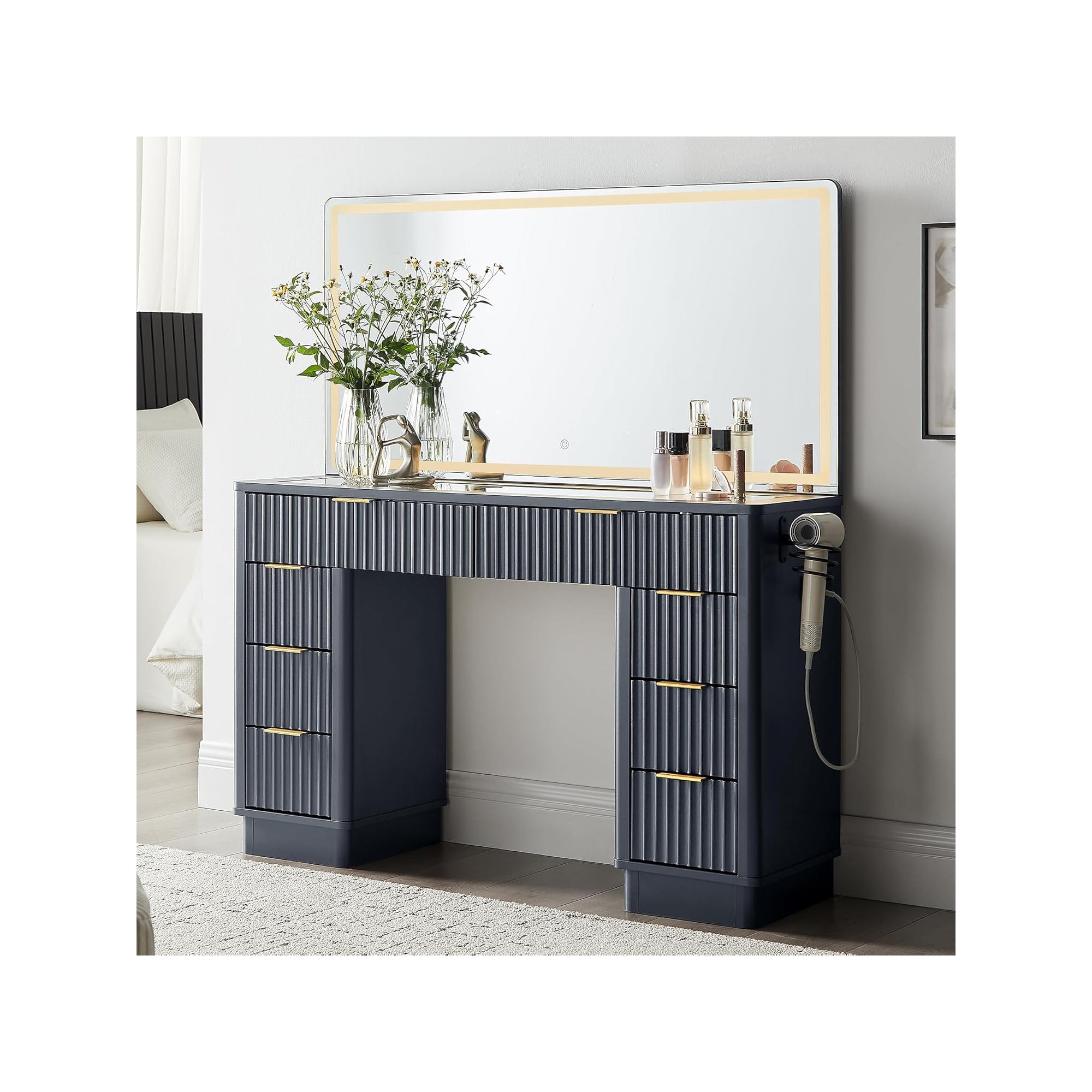 48" Fluted Makeup Vanity Desk with Mirror and Lights, Modern Vanity Table with 8 Drawers & Charging Station, Vanity Desk with Glass Top, Dark Grey
