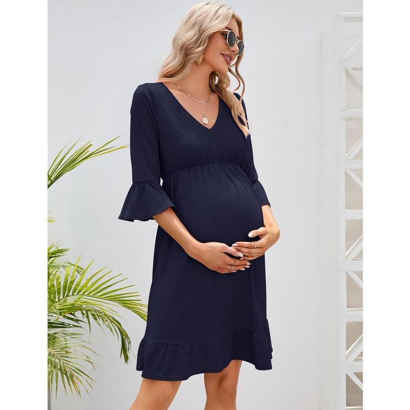 Women's Maternity Smocked 3/4 Sleeve Boho Dress V Neck Fall Casual Ruffle Flowy Midi Dress for Baby Shower Photoshoot, 5 of 8