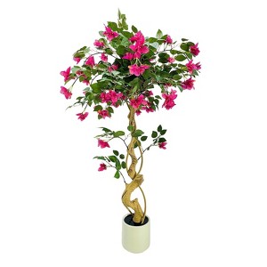 4FT Artificial Bougainvillea Tree, Fake Bougainvillea Pink Flower Silk Plant in White Planter, Faux Blooming Topiary Tree for Indoor Outdoor Decor - 1 of 4