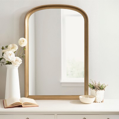 Gold Arched Wooden Wall Mirror with Basket Design, 24" x 36"