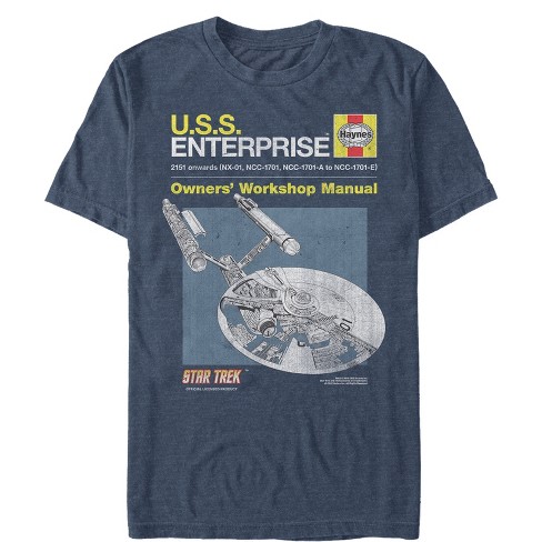 Men s Star Trek USS Enterprise Workshop Owners Manual T Shirt Navy Blue Heather X Large