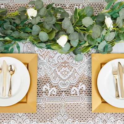 White Lace Rectangular Tablecloth with Floral Patterns, 54x72 in
