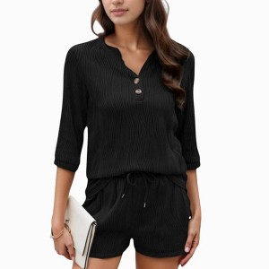 Anna-Kaci Lounge Women's Textured 3/4 Sleeve V-Neck Button Top and Drawstring Shorts Two-Piece Lounge Set - 1 of 4